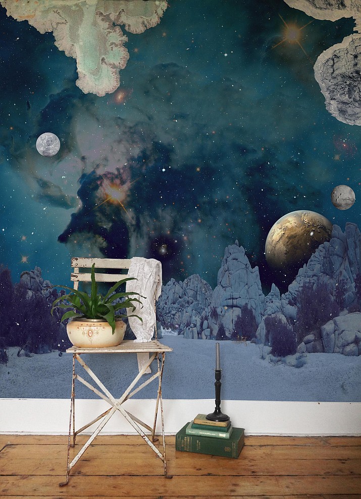 This undated image provided by Elli Popp shows wallpaper created by artist Katje Behre. Behre creates ethereal wallpaper designs for her Elli Popp studio that take one on a fantastic journey to imaginative, faraway places. She’s inspired by the stories of Jules Verne as well the countryside, space and vintage photography. 