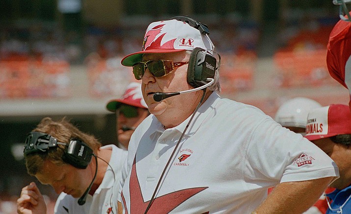 In this Sept. 4, 1994, file photo, Arizona Cardinals head coach Buddy Ryan watches his team during the first quarter of a game against the Los Angeles Rams in Anaheim, Calif. Ryan coached only one season in the desert for the Cardinals during the 1994-1995 campaign.