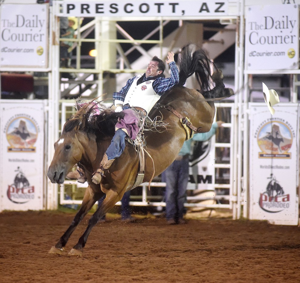 George Gillespie scores 78 on Tallulah in the Bareback during the first round of the Prescott Frontier Days Rodeo Tuesday night. (Les Stukenberg/The Daily Courier)