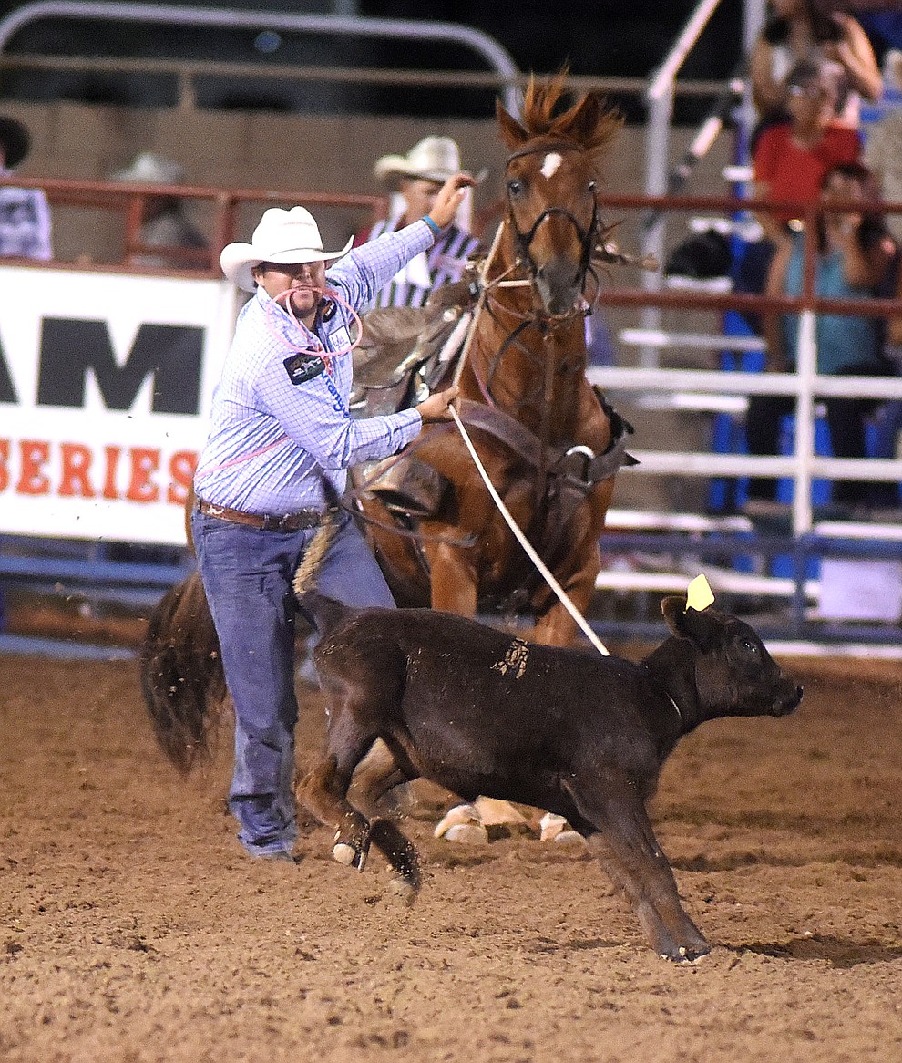 Marcus Theriot ran a 8.5 in the Tie Down Roping during the first round of the Prescott Frontier Days Rodeo Tuesday night. (Les Stukenberg/The Daily Courier)
