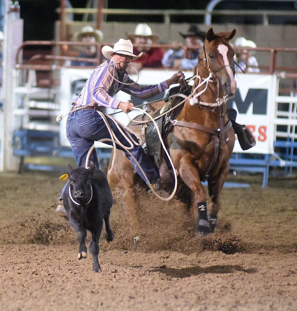 Marshall Leonard ran an 8.5 in the Tie Down Roping during the first round of the Prescott Frontier Days Rodeo Tuesday night. (Les Stukenberg/The Daily Courier)