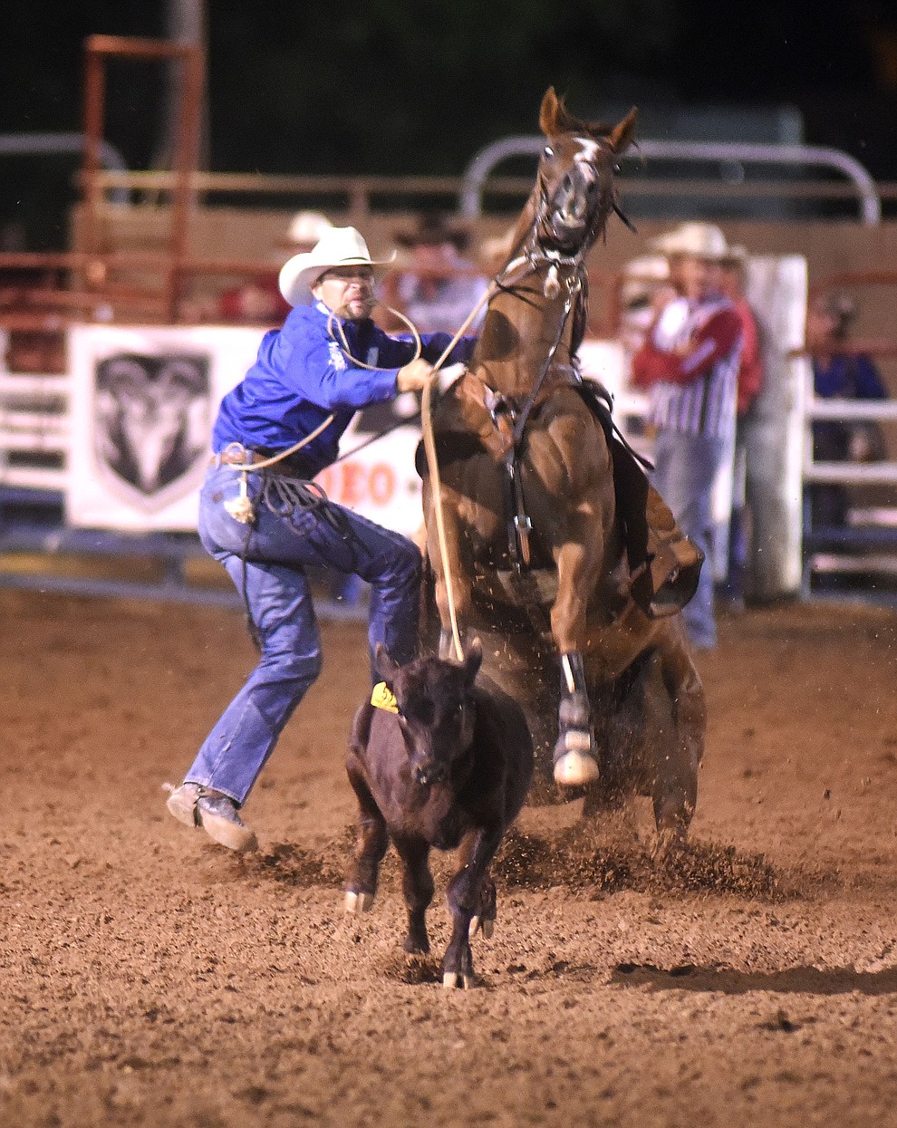 Michael Otero ran a 10.6 in the Tie Down Roping during the first round of the Prescott Frontier Days Rodeo Tuesday night. (Les Stukenberg/The Daily Courier)