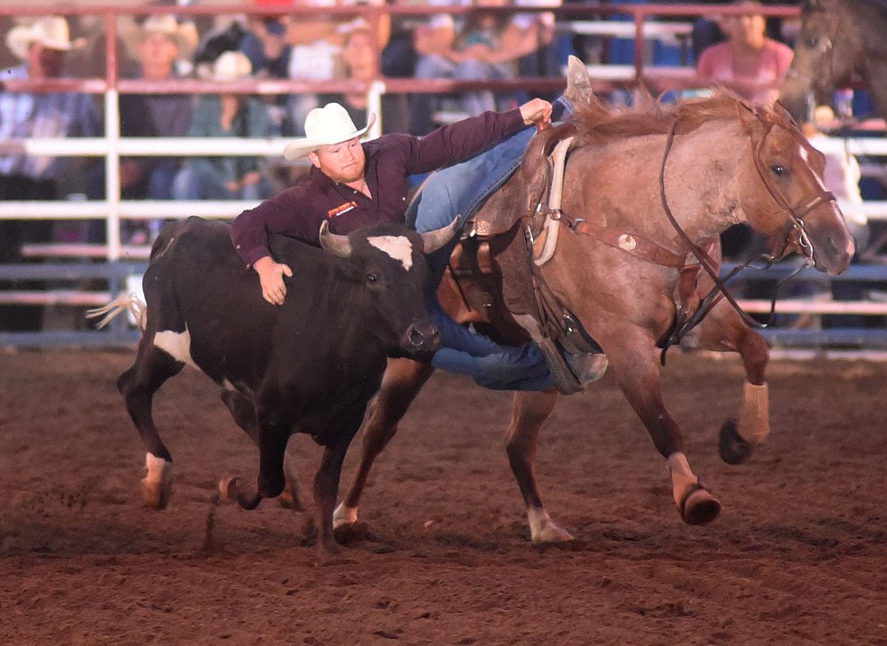Sterling Wallace was 9.5 seconds in the steer wrestling during the first round of the Prescott Frontier Days Rodeo Tuesday night. (Les Stukenberg/The Daily Courier)