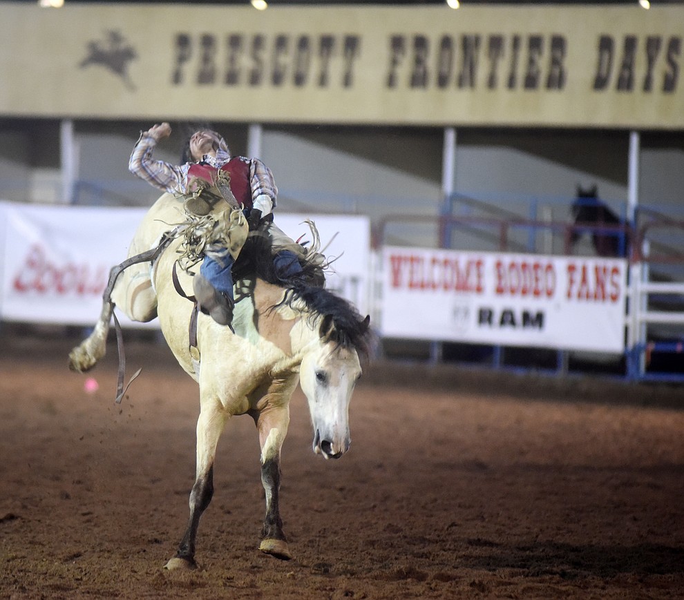 Troy Vaira scores 75 on Jackie in the Bareback during the first round of the Prescott Frontier Days Rodeo Tuesday night. (Les Stukenberg/The Daily Courier)