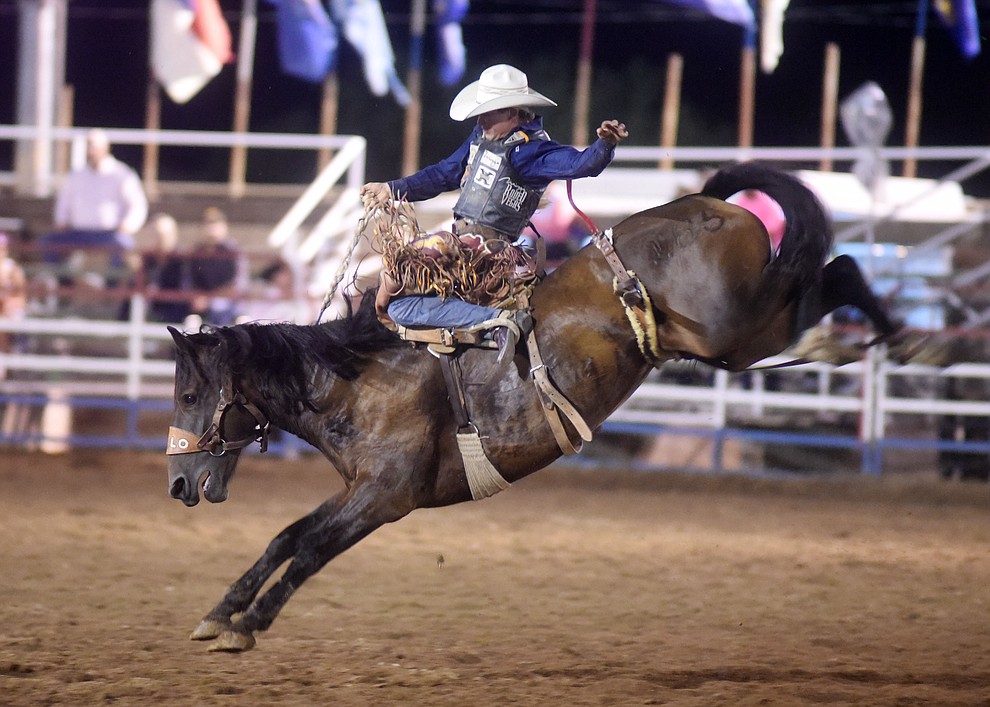 Cole Elshere scored 74 on Lulu during the second round of the Prescott Frontier Days Rodeo Wednesday night. (Les Stukenberg/The Daily Courier)