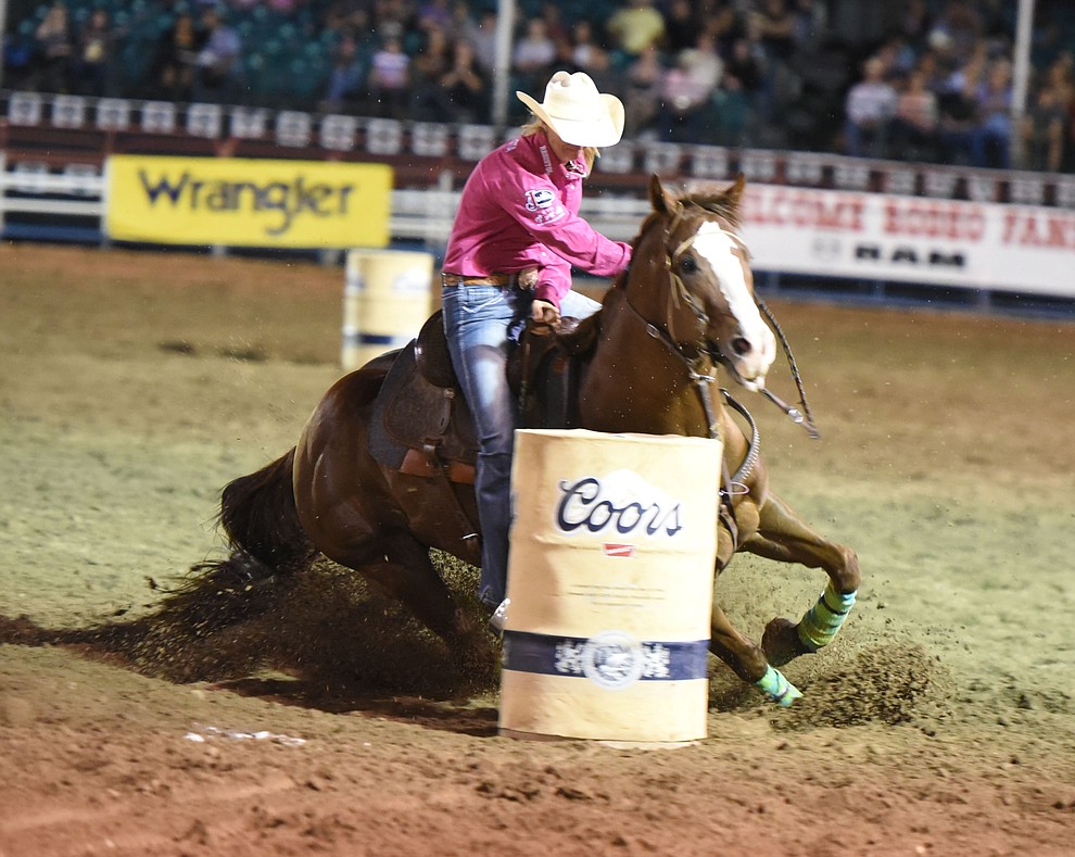 Former World Champion Sherry Cervi ran a 23.08 in the barrel race during the second round of the Prescott Frontier Days Rodeo Wednesday night. (Les Stukenberg/The Daily Courier)