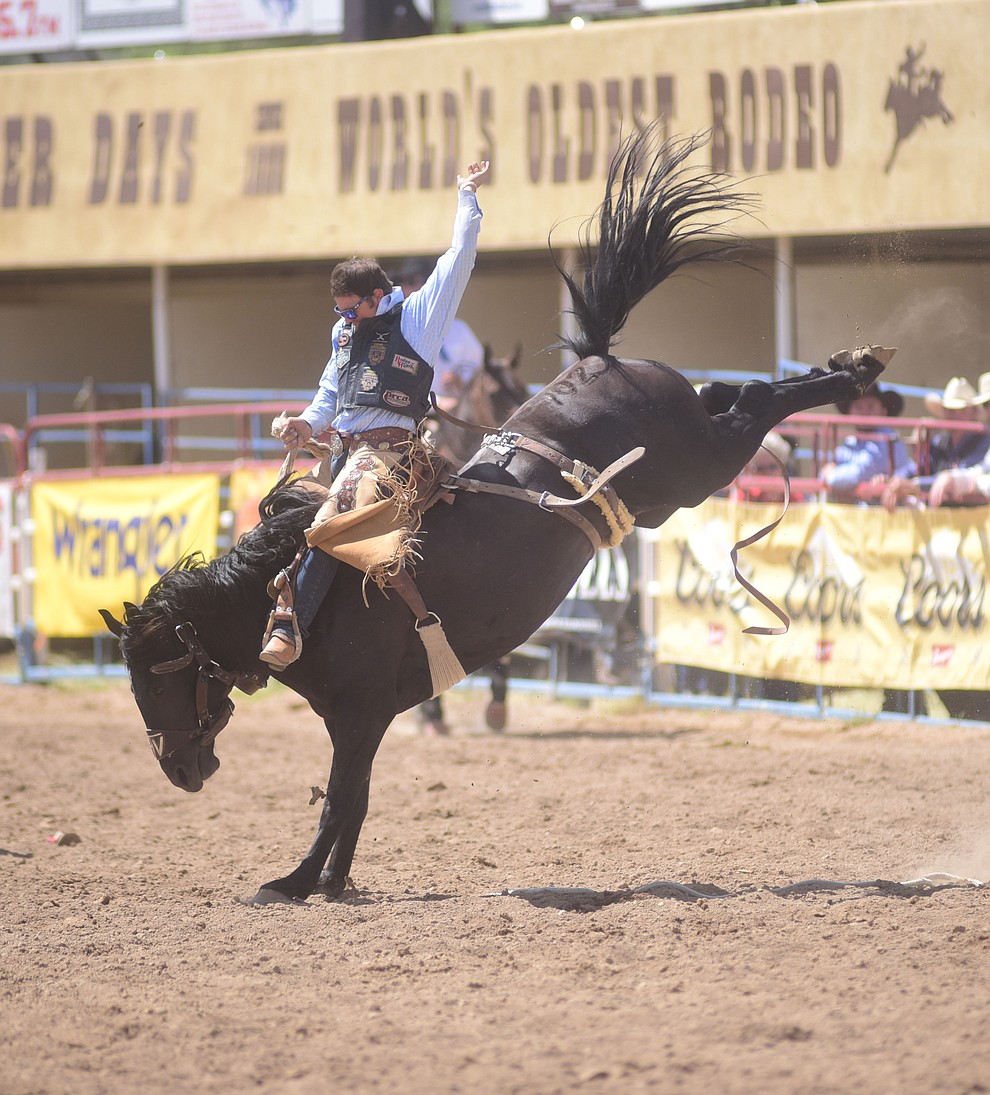 Jesse James Kirby scored 81 on Mountain Climber during the final performance of the 2016 Prescott Frontier Days Rodeo Monday afternoon. (Les Stukenberg/The Daily Courier)