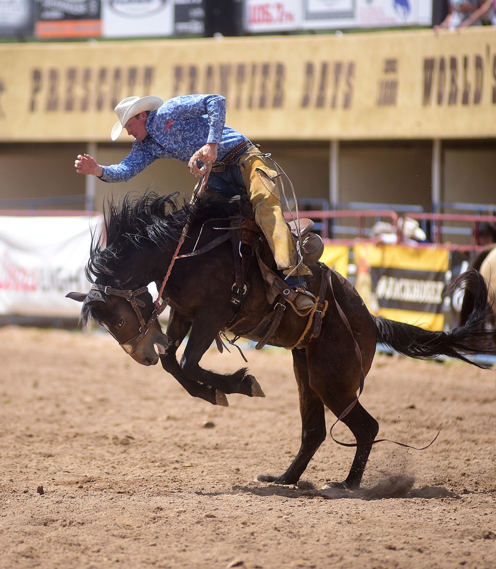Miles Dewitt won the Ranch Bronc Riding with a 79 during the final performance of the 2016 Prescott Frontier Days Rodeo Monday afternoon. (Les Stukenberg/The Daily Courier)
