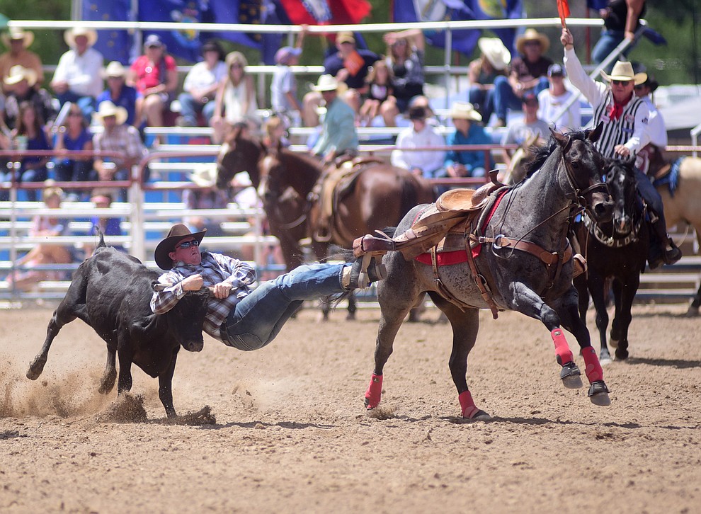 Monty Eakin has a 9.6 second run during the final performance of the 2016 Prescott Frontier Days Rodeo Monday afternoon. (Les Stukenberg/The Daily Courier)