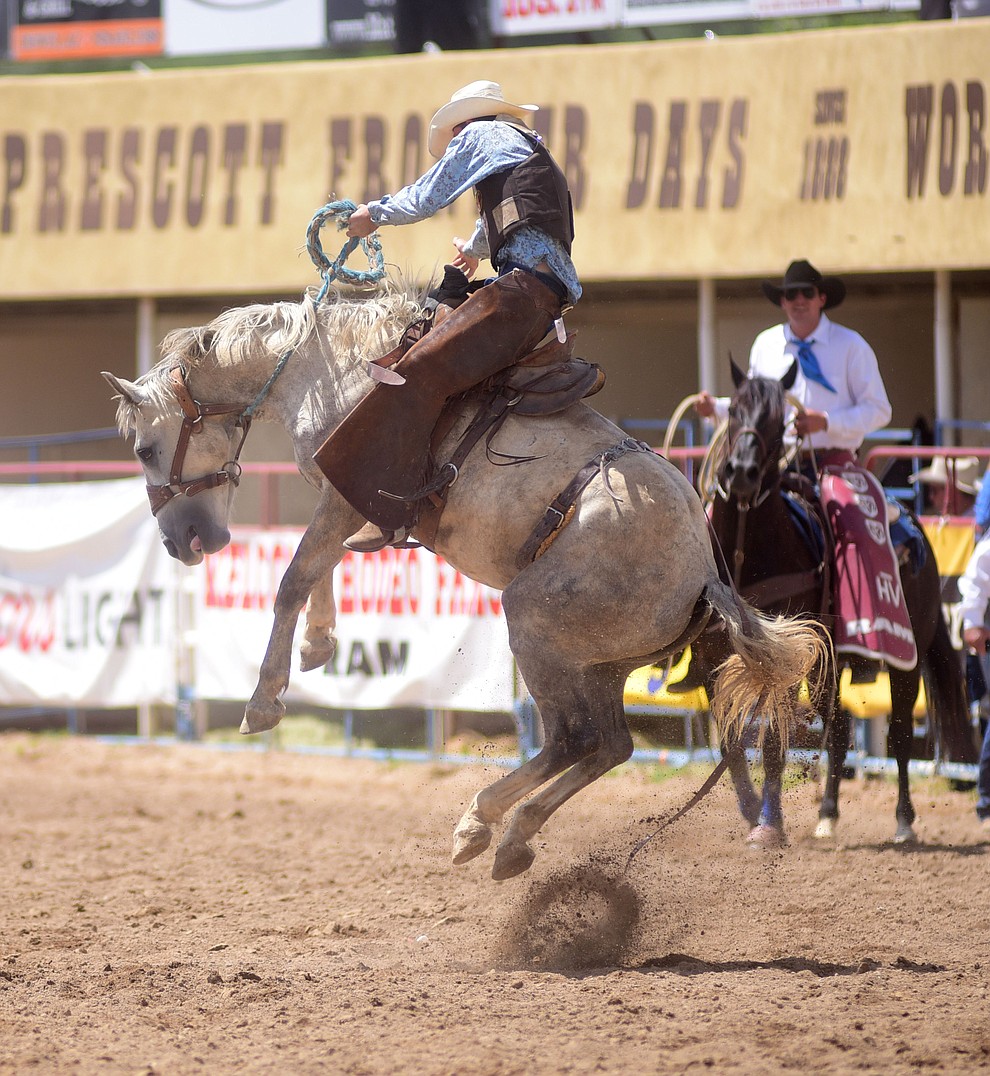 Olan Borg scored 77 during the ranch bronc riding during the final performance of the 2016 Prescott Frontier Days Rodeo Monday afternoon. (Les Stukenberg/The Daily Courier)