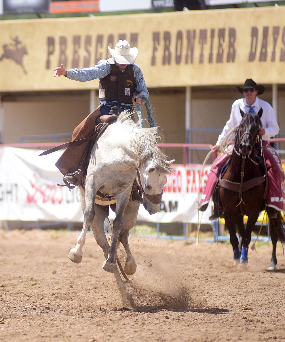 Olan Borg scored 77 in the ranch bronc riding during the final performance of the 2016 Prescott Frontier Days Rodeo Monday afternoon. (Les Stukenberg/The Daily Courier)