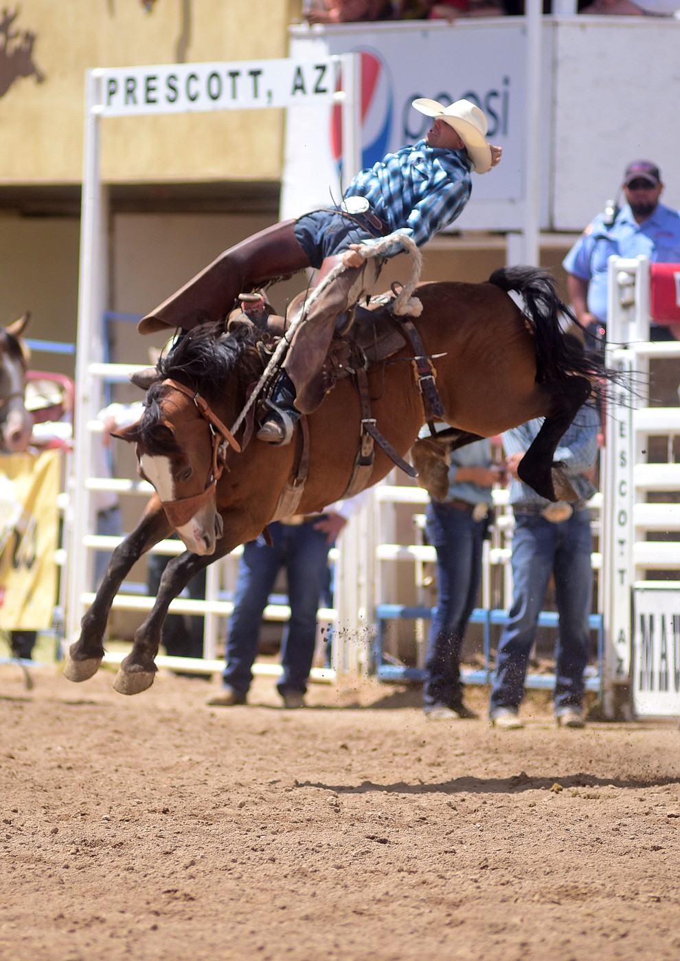 Skeeter Crawford in the ranch bronc riding during the final performance of the 2016 Prescott Frontier Days Rodeo Monday afternoon. (Les Stukenberg/The Daily Courier)