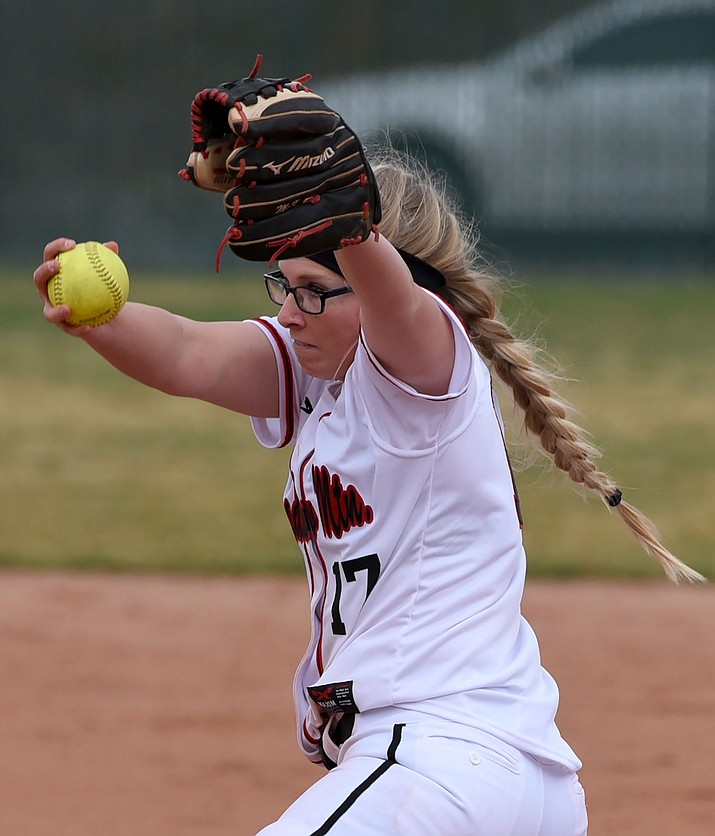 Bradshaw’s McKaylee Dodge fires a pitch towards home plate while playing against Camp Verde in Prescott Valley on March 11. Camp Verde beat Bradshaw Mountain 4-3. Dodge was selected as an All-Courier first team performer.
