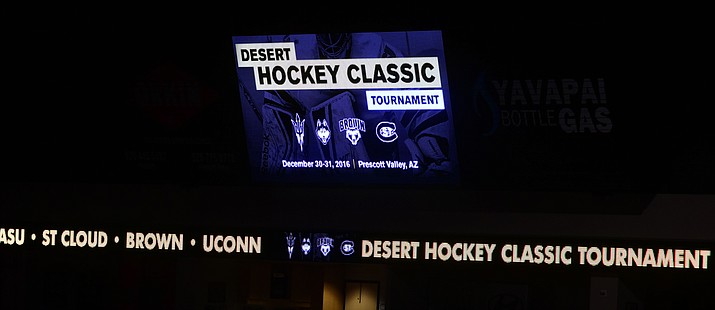 Prescott Valley Event Center Business Development Manager Satish Athelli, and Arizona State Sun Devil hockey head coach Greg Powers announce the 2nd Annual Desert Hockey Classic will be hosted at the Prescott Valley Event Center on December 30-31, 2016..The four-team tournament will include the University of Connecticut, Brown University and St. Cloud State. The Sun Devils will play Brown for their first game of the tournament on Friday, Dec. 30 at 7 p.m.  (Les Stukenberg/The Daily Courier)