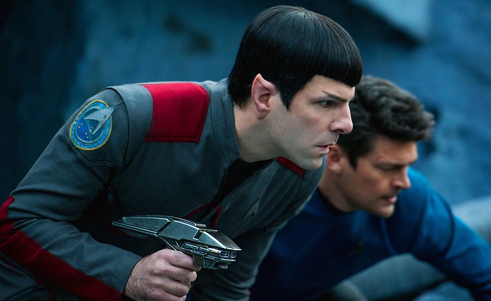 In this image released by Paramount Pictures, Zachary Quinto, left, and Karl Urban appear in a scene from "Star Trek Beyond." 