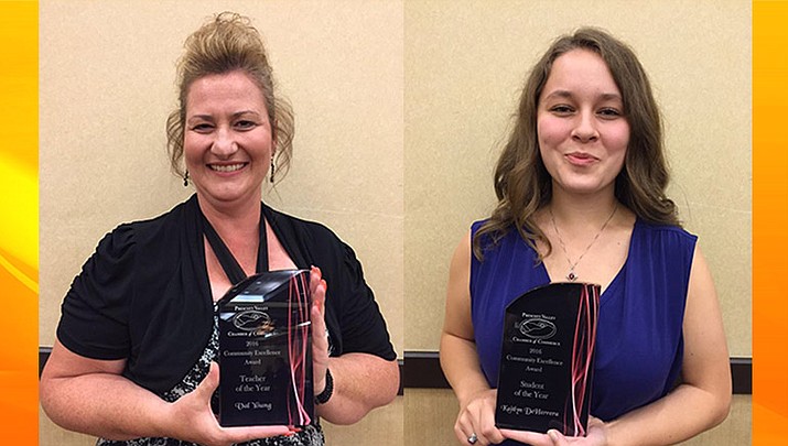 Val Young, left, was honored as the 2016 Teacher of the Year, while Kaitlyn DeHerrera received the Student of the Year Award - both on behalf of the Prescott Valley Chamber of Commerce.