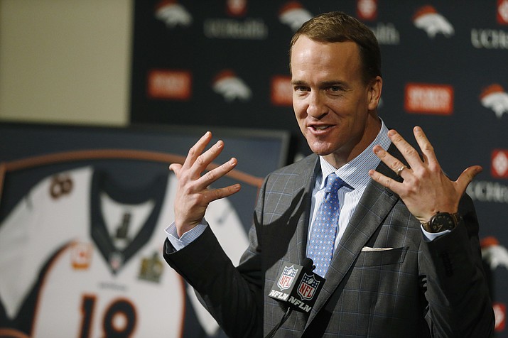 In this March 7, 2016, file photo, Denver Broncos quarterback Peyton Manning speaks during his retirement announcement at the teams headquarters in Englewood, Colo. The NFL says it found no credible evidence that Peyton Manning was provided with HGH or other prohibited substances as alleged in a documentary by Al-Jazeera America last fall. 