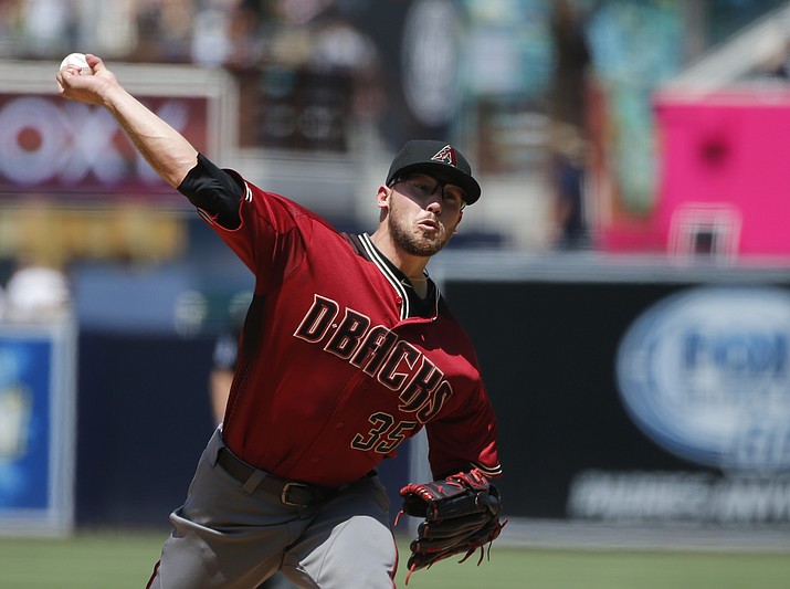 Arizona Diamondbacks starting pitcher Braden Shipley works against the San Diego Padres in the first inning of a baseball game Sunday, Aug. 21, 2016, in San Diego. 