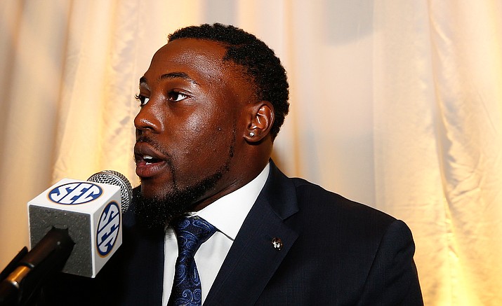 Missouri defensive end Charles Harris speaks to the media July 13 at the Southeastern Conference NCAA college football media days in Hoover, Ala. Harris had 11.5 tackles for loss, including seven sacks, and 10 quarterback hurries. Harris led a solid defense last season, though Missouri's offense was anemic. Could be more of the same this year.
