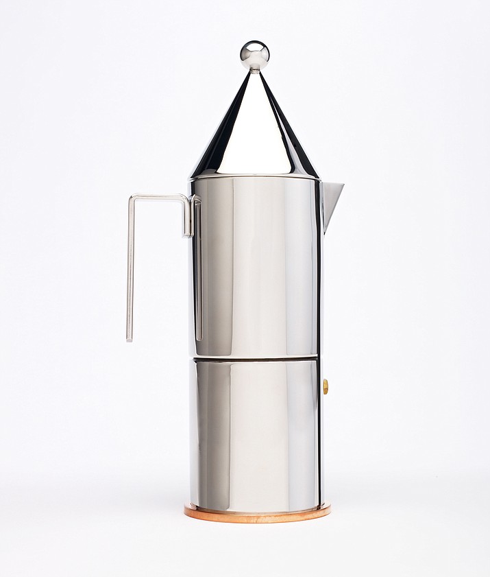 This undated photo shows a coffeepot designed by Aldo Rossi and is on display in the Indianapolis Museum of Art’s contemporary design wing. The three-piece steel and copper espresso maker is called “La Conica.” The museum’s notes compare its sleek design to a building made of “simple geometric shapes (a sphere, a cone, and a cylinder),” adding that the design “plays with the idea of architectural forms, reducing it to its simplest elements.” 