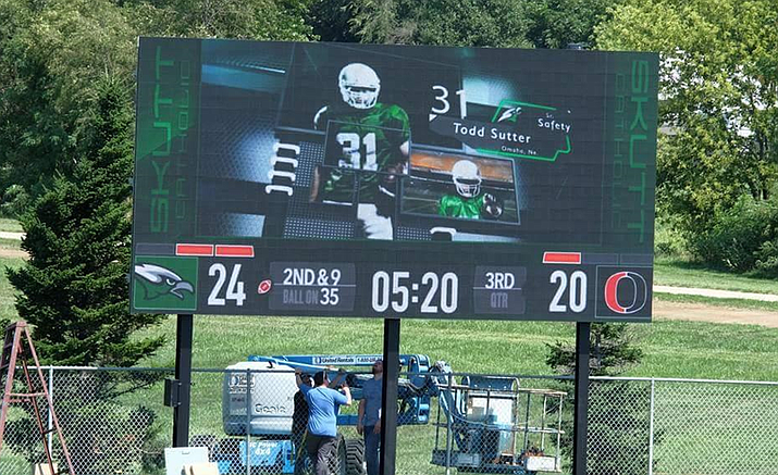 A scoreboard installation in August at Skutt High School in Omaha, Neb., is similar to the one going in at Prescott High.