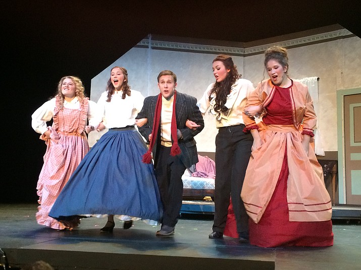 The March sisters and the irrepressible Laurie (from left, Kaela McMahon, Liz Aranda, J Mendl, Taylor McFarland, and Judah Neese) in a dance number from “Little Women – The Musical,” a Yavapai College Performing Arts Center production directed by Dr. Craig Ralston. 