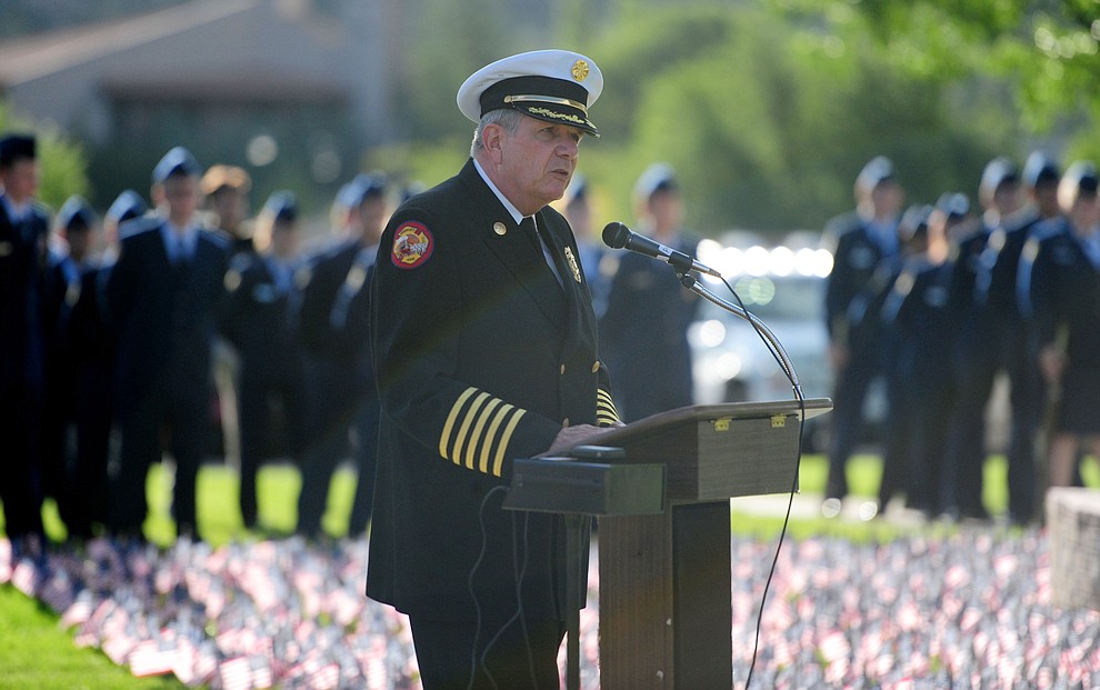 Prescott Fire Chief Dennis Light speaks during a 9/11 Remembrance ceremony Monday morning at Prescott High School.  (Les Stukenberg/The Daily Courier)