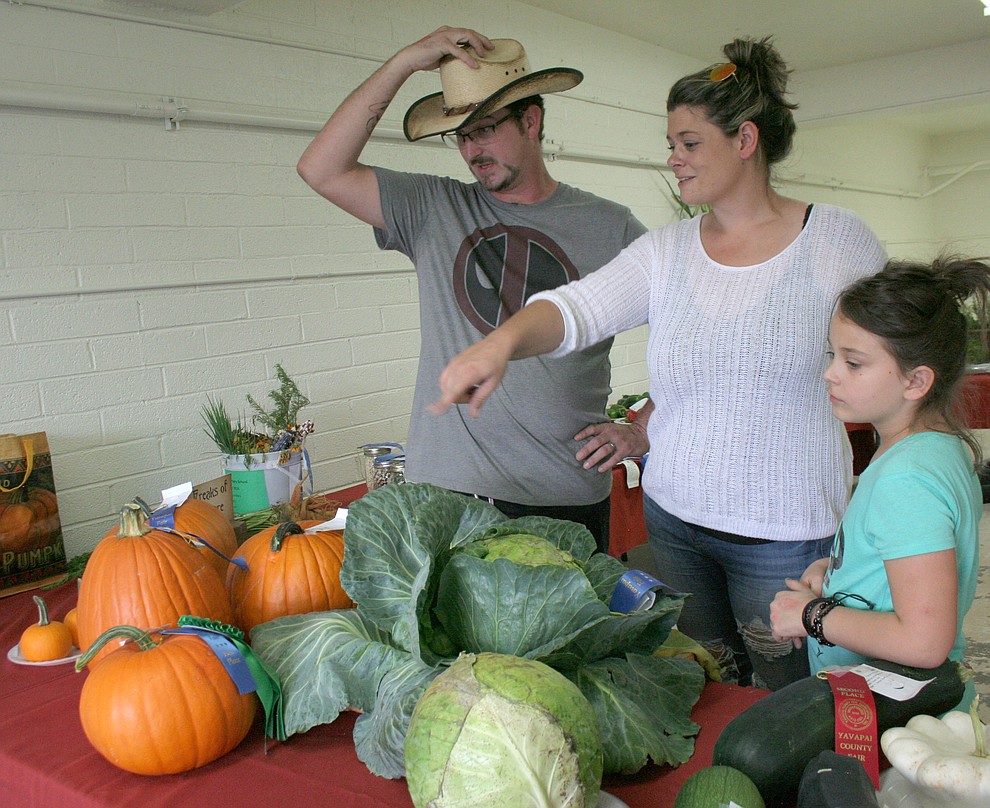 Ryan, Aimee, and daughter Isabella Lamarca, 8, can't believe the size of the award-winning cabbage and other produce at the Yavapai County Fair. The Fair continues through Sunday, Sept. 11.