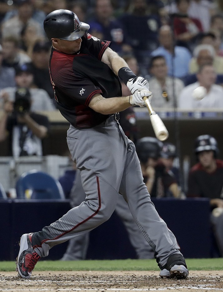 Arizona Diamondbacks’ Paul Goldschmidt hits a two-run home run against the San Diego Padres during the sixth inning of a baseball game in San Diego, Wednesday, Sept. 21, 2016. 