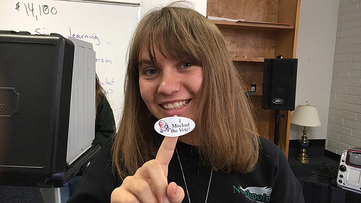 Northpoint Expeditionary Learning Academy freshman Mackenzie Schutte shows off her voting sticker.
