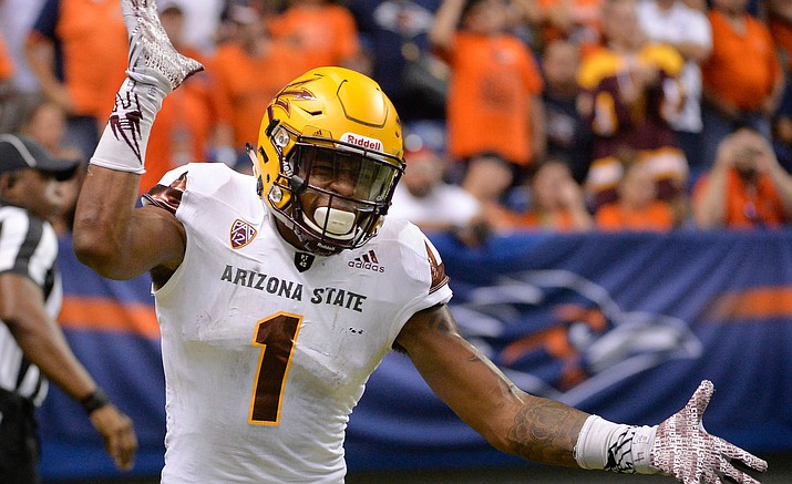 Arizona State wide receiver N’Keal Harry celebrates his touchdown reception during the second quarter against UTSA on Sept. 16 in San Antonio. The Sun Devils host California on Saturday at 7 p.m.