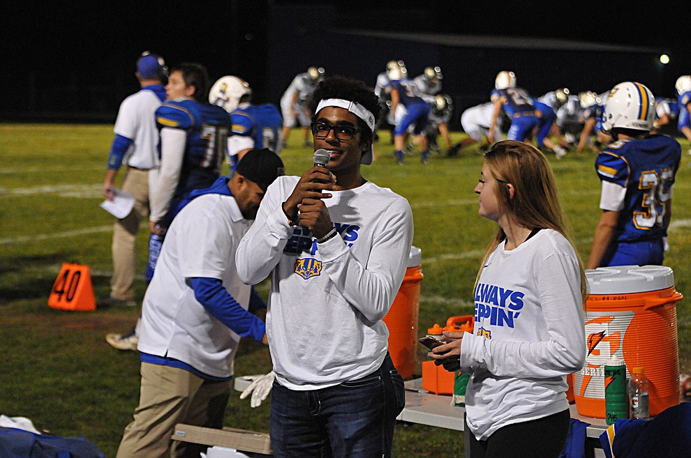 Prescott student-athlete Paxton Henry speaks to the crowd during a demonstration Friday, Sept. 30, of "roller coaster," a student-section cheer. Prescott (4-2, 2-0 4A Grand Canyon) earned a 43-14 win over Mohave. (Brian M. Bergner Jr./The Daily Courier)
