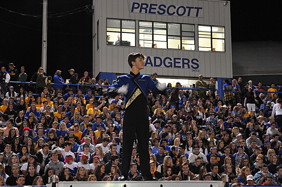 A Prescott student band member leads the halftime show at homecoming Friday, Sept. 30. Prescott (4-2, 2-0 4A Grand Canyon) earned a 43-14 win over Mohave. (Brian M. Bergner Jr./The Daily Courier)