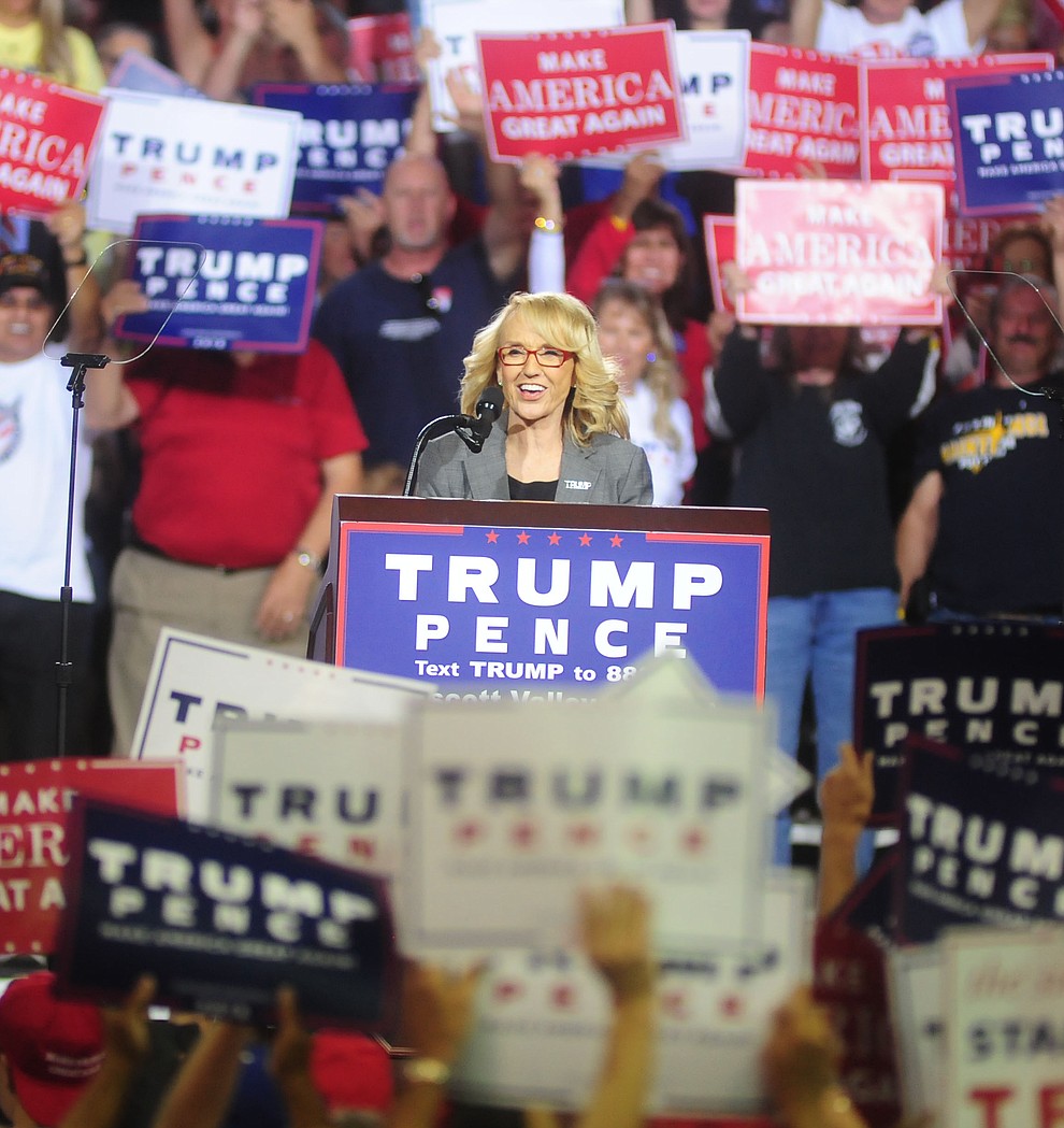 Former Arizona Governor Jan Brewer speaks at the Donald Trump for President Rally in the Prescott Valley Event Center Tuesday, October 4, 2016. (Les Stukenberg/The Daily Courier)