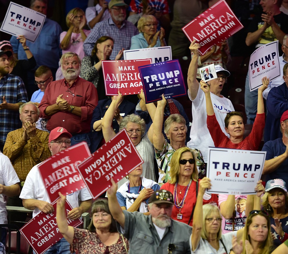 Supporters cheer at the Donald Trump for President Rally in the Prescott Valley Event Center Tuesday, October 4, 2016. (Les Stukenberg/The Daily Courier)