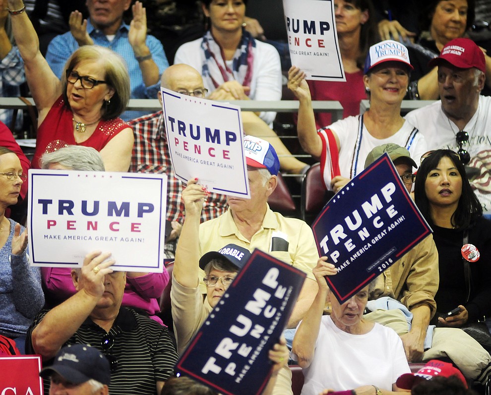 Supporters cheer at the Donald Trump for President Rally in the Prescott Valley Event Center Tuesday, October 4, 2016. (Les Stukenberg/The Daily Courier)