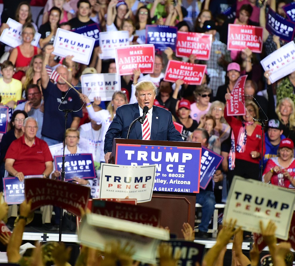 Donald Trump speaks at the Trump for President Rally in the Prescott Valley Event Center Tuesday, October 4, 2016. (Les Stukenberg/The Daily Courier)
