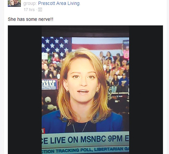 In this frame capture, MSNBC reporter Katy Tur’s live shot is shown from an angry post to the “Prescott Area Living” Facebook group.