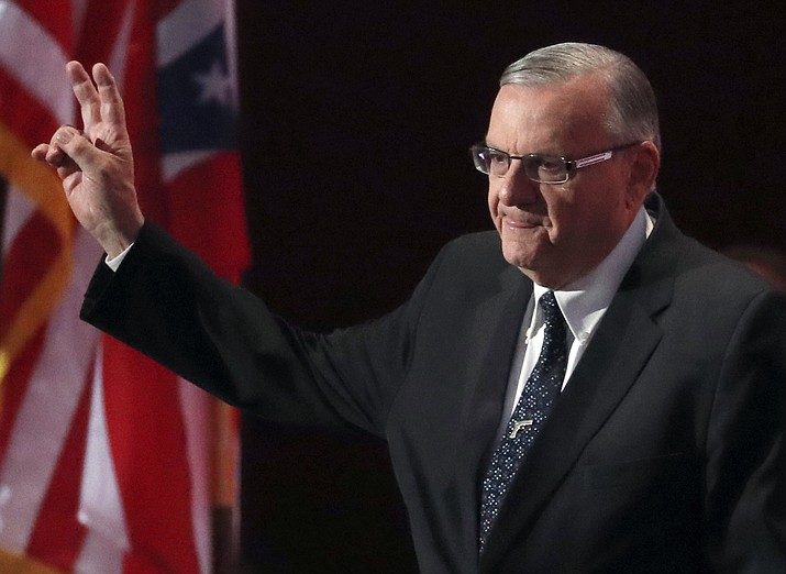 Sheriff Joe Arpaio walks on stage to speak during the final day of the Republican National Convention in Cleveland.