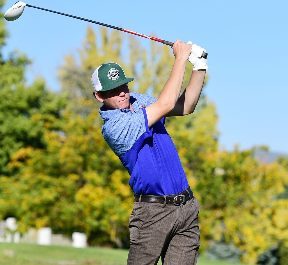 Prescott's Brance Christopherson hits a tee shot in a match against Bradshaw Mountain, Mingus Union and Mohave Academy High Schools Tuesday, October 11, 2017 at Prescott Golf and Country Club. (Les Stukenberg/The Daily Courier)