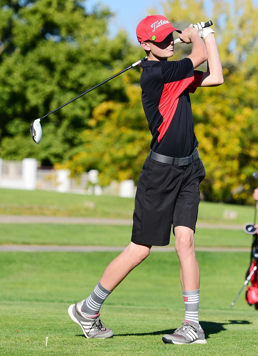 Bradshaw Mountain's #4 Jordan Hill tees off in a home match against Prescott, Mingus Union and Mohave Academy High Schools Tuesday, October 11, 2017 at Prescott Golf and Country Club. (Les Stukenberg/The Daily Courier)