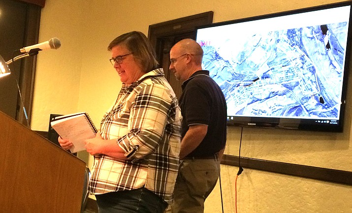 A map of the area targeted for soil testing and possible remediation is displayed behind Freeport Minerals Corporation Project Manager Alicia Voss and Director of Discontinued Operations Joseph Brunner at an Oct. 11 Clarkdale Town Council meeting. 