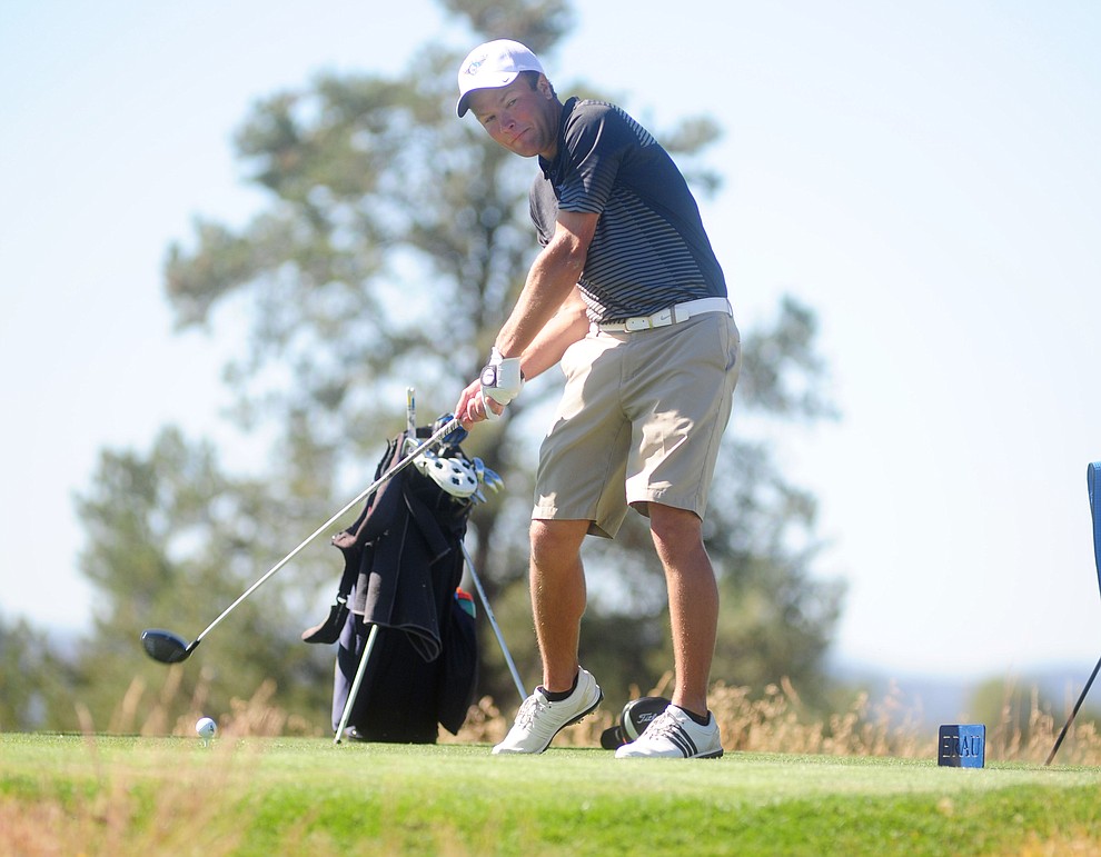 Embry Riddle's Matt Andrews tees off Monday during the Embry-Riddle Invitational at Talking Rock Golf Club in Prescott.