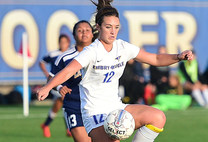 Embry Riddle's Parker Lee handles a pass as the Eagles take on La Sierra on Thursday, Nov. 3, in Prescott. Embry-Riddle won, 3-0. (Les Stukenberg/The Daily Courier)