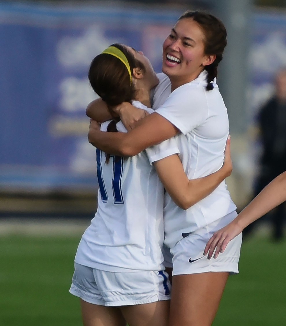 Embry Riddle's Estelle Fortes and Erica Nieves celebrate Nieves' first half goal as the Lady Eagles take on La Sierra in an afternoon matchup Thursday Nov. 3 in Prescott.