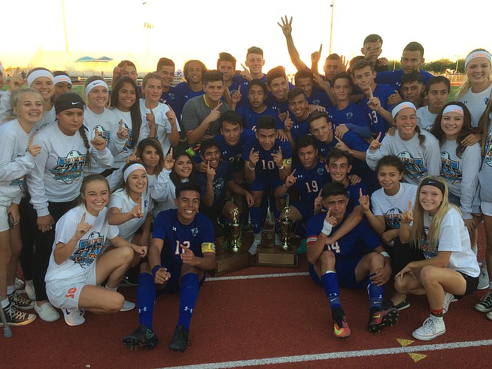 The girls and boys soccer teams from Chino Valley High School celebrate sweeping the Class 2A state championships on Saturday, both winning their title games. It was the boys fourth straight and eighth overall and the first state crown for the girls team.