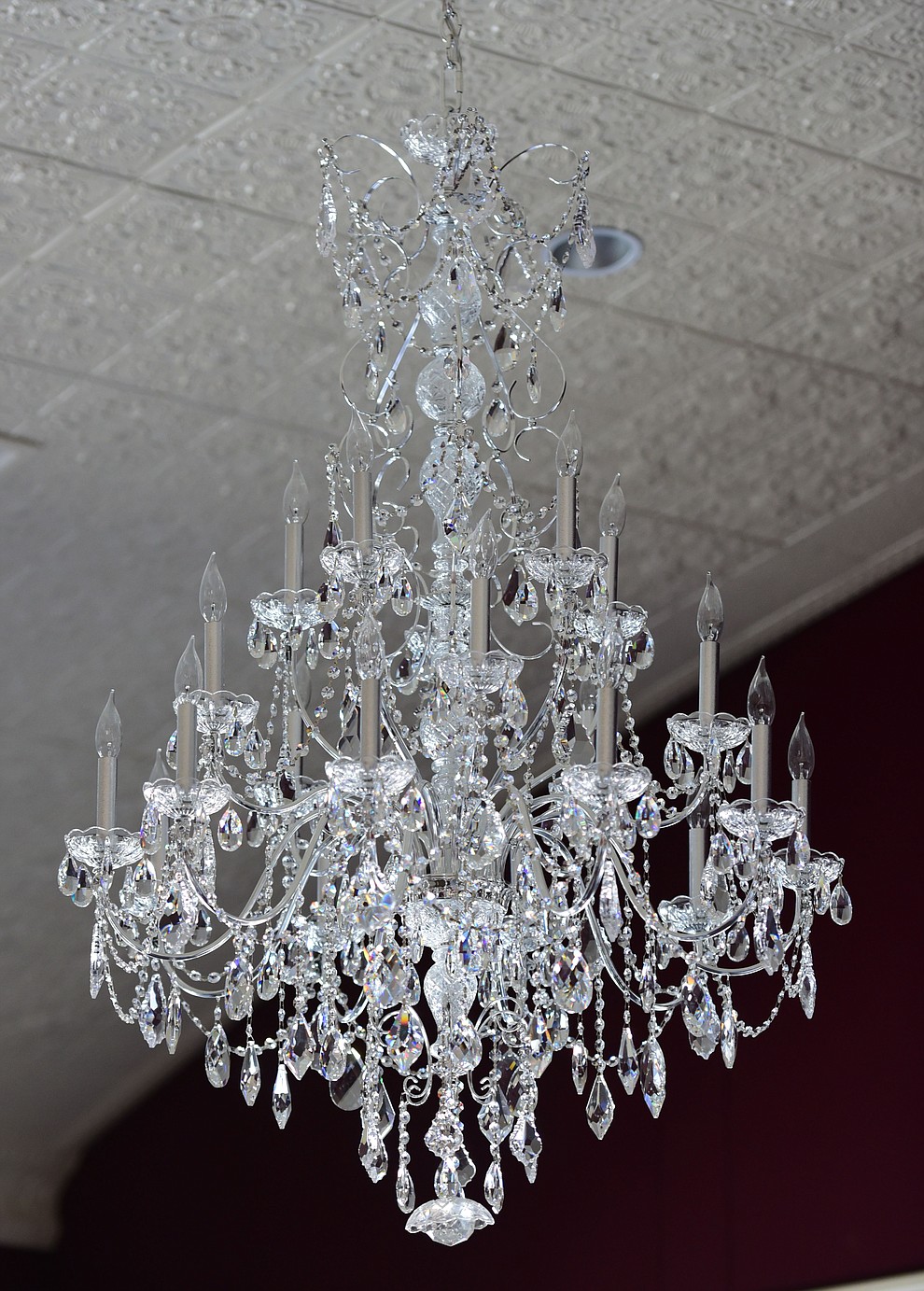 The chandelier in the main third floor ballroom as the renovations for the Elks Opera House have been completed.