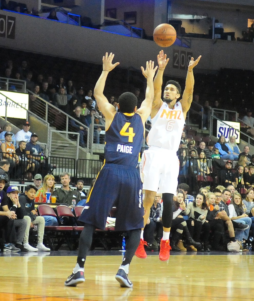 Northern Arizona's Askia Booker launches a 3-pointer as the Suns take on the Salt Lake City Stars Saturday, November 19 at the Prescott Valley Event Center. (Les Stukenberg/The Daily Courier)