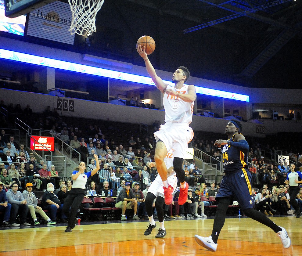 Northern Arizona's Askia Booker flys towards the hoop as the  Suns take on the Salt Lake City Stars Saturday, November 19 at the Prescott Valley Event Center. (Les Stukenberg/The Daily Courier)