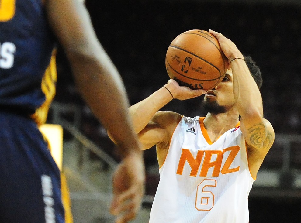 Northern Arizona's Askia Booker takes aim for a 3-pointer as the Suns take on the Salt Lake City Stars Saturday, November 19 at the Prescott Valley Event Center. (Les Stukenberg/The Daily Courier)